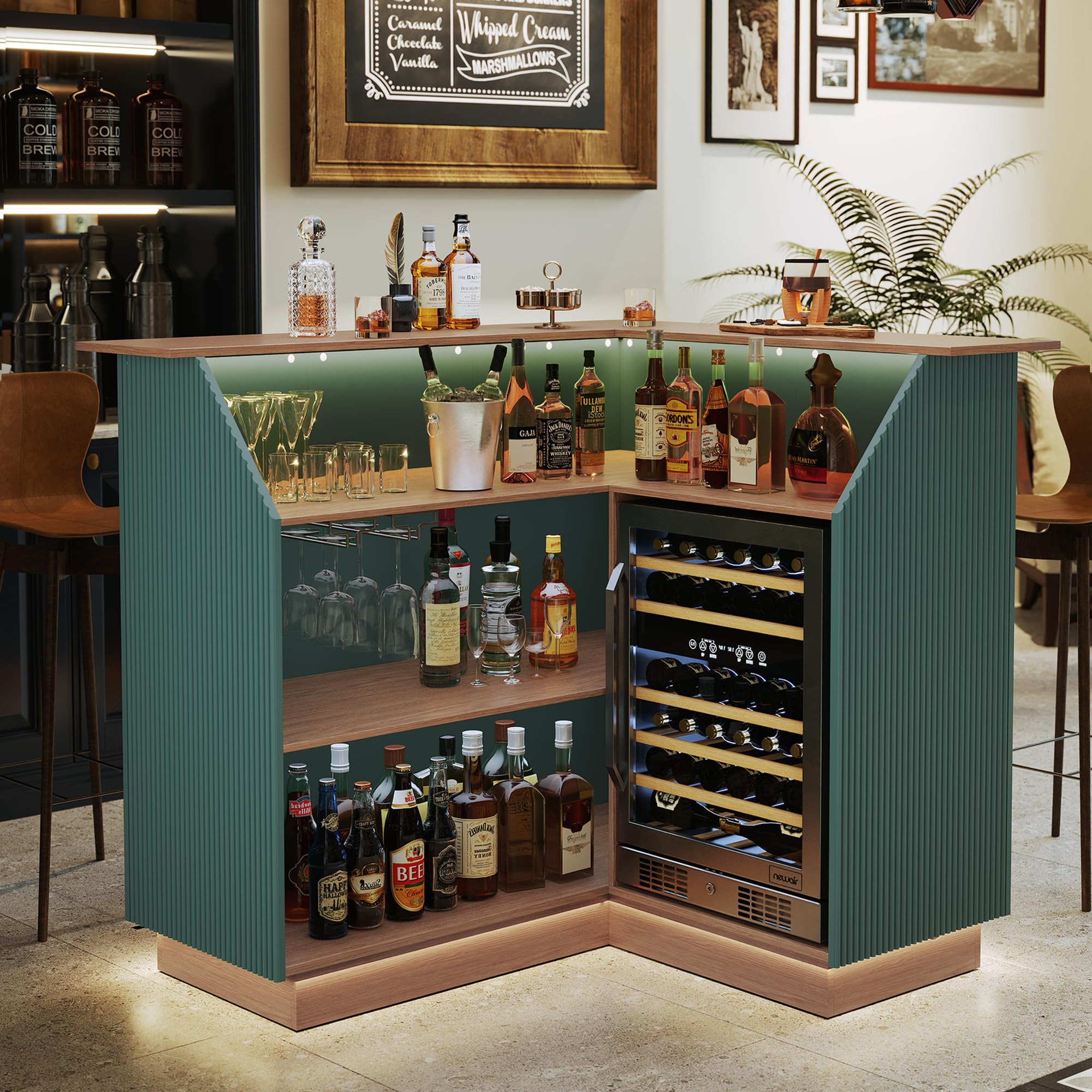 Green Fluted L-Shape Corner Ba - Home Bar And Fridge review and price